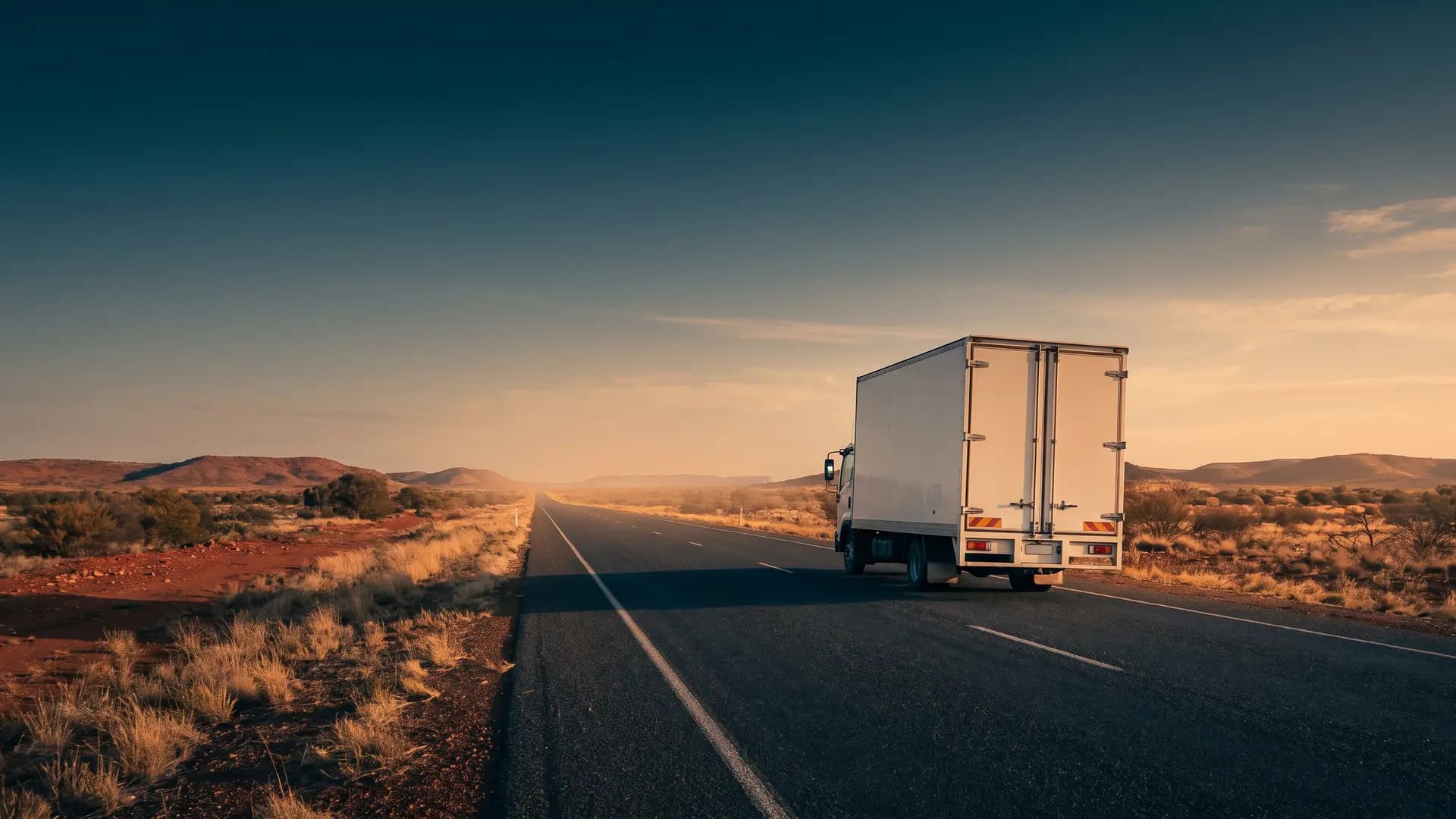 A removal truck on an open highway heading interstate from Adelaide at sunset